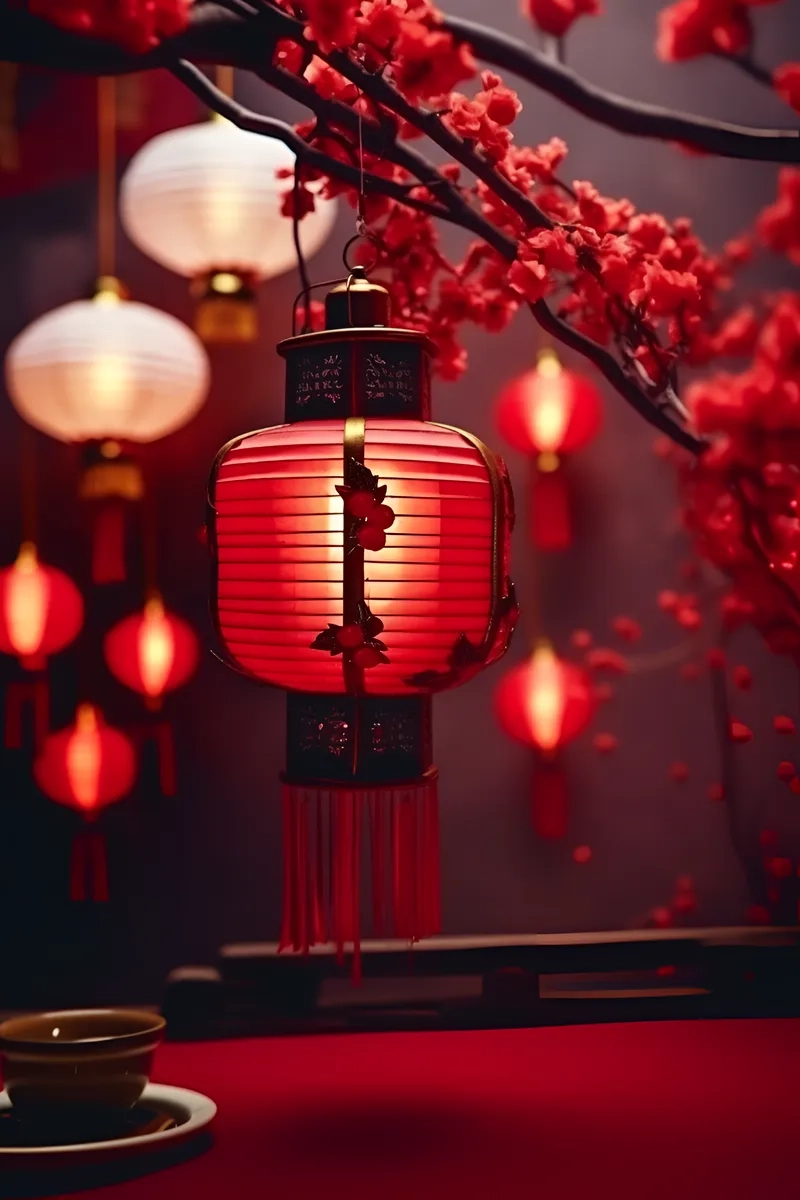 Cảnh đèn lồng đỏ đêm giao thừa sáng