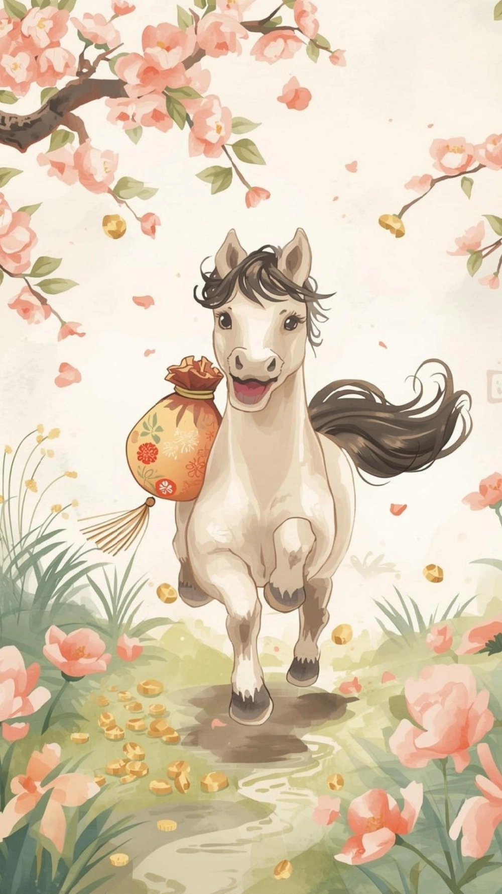 Ngựa cute chúc mừng năm mới bên hoa mai vàng