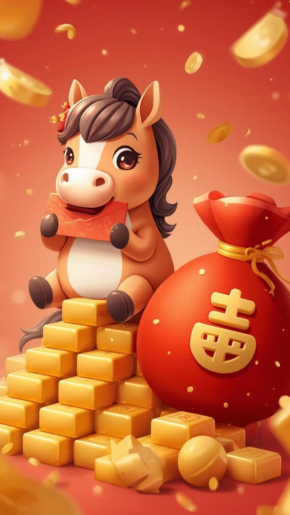 Ngựa bính ngọ cute chibi mặc áo dài đỏ