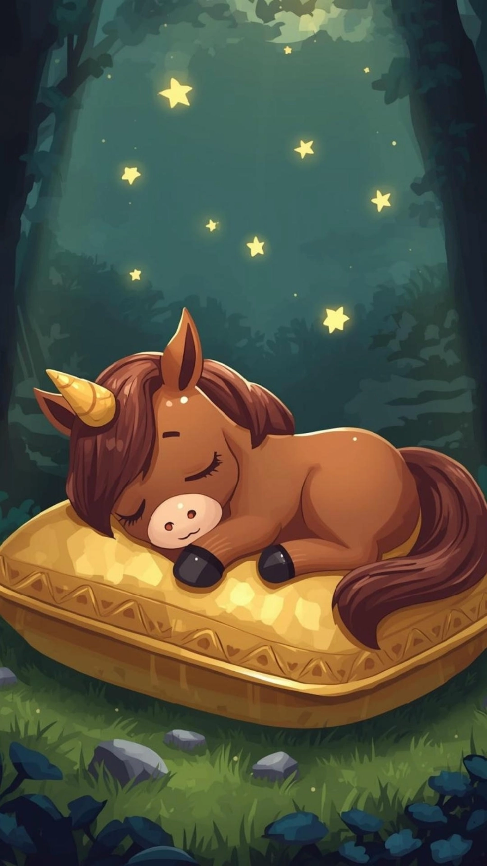 Ngựa chibi ăn cỏ xanh mướt giữa cánh đồng