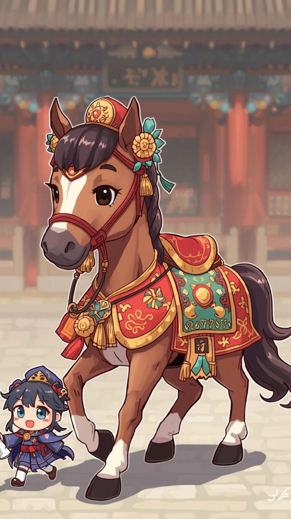 Ngựa mặc áo dài cầm câu đối đỏ