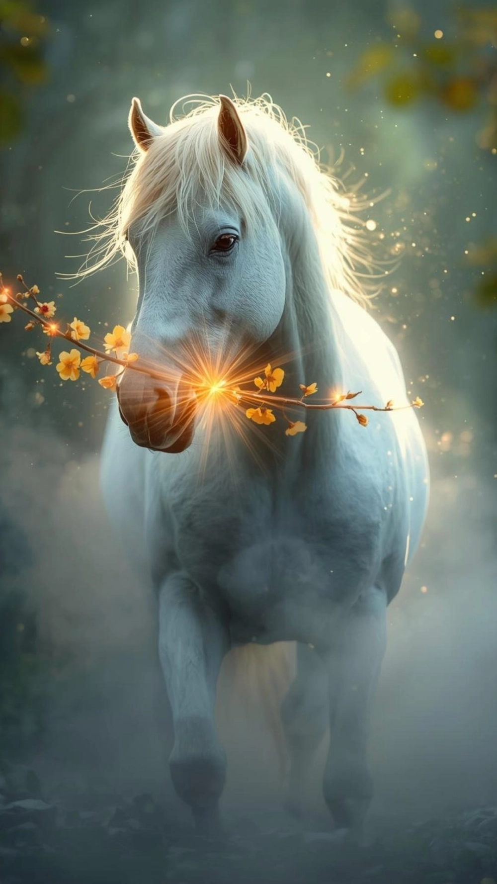 Ngựa bính ngọ ngậm cành mai vàng nở rộ đón xuân