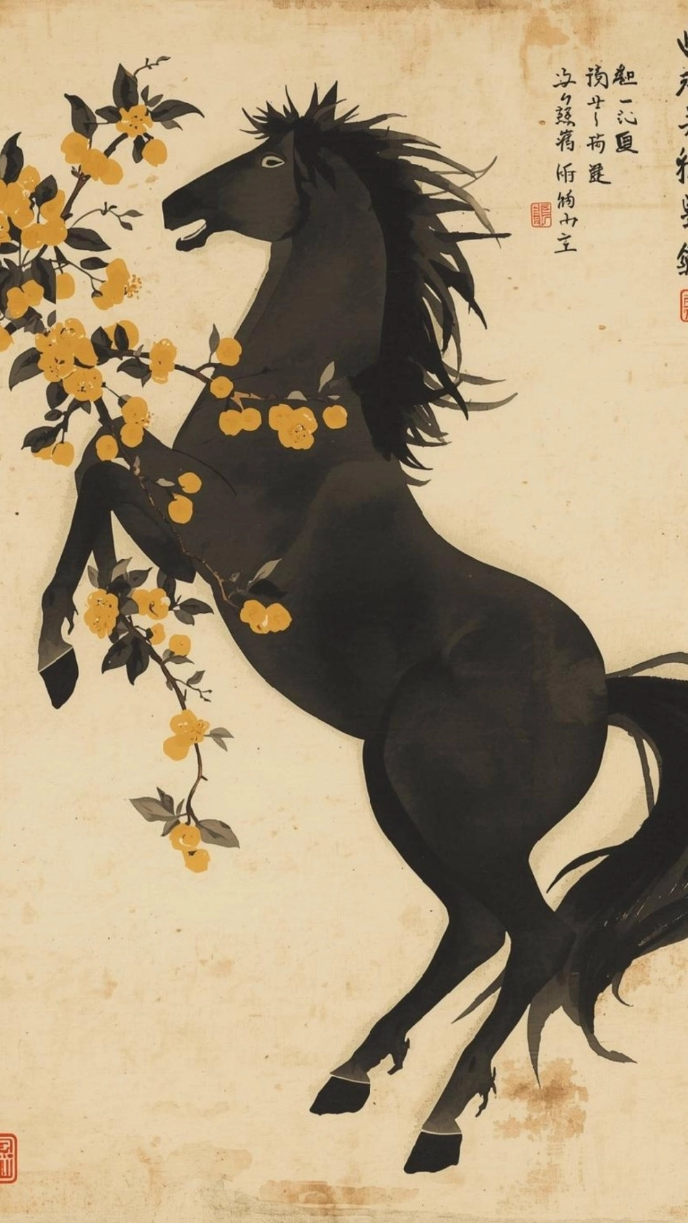 Ảnh ngựa ngậm cành đào tết rực rỡ