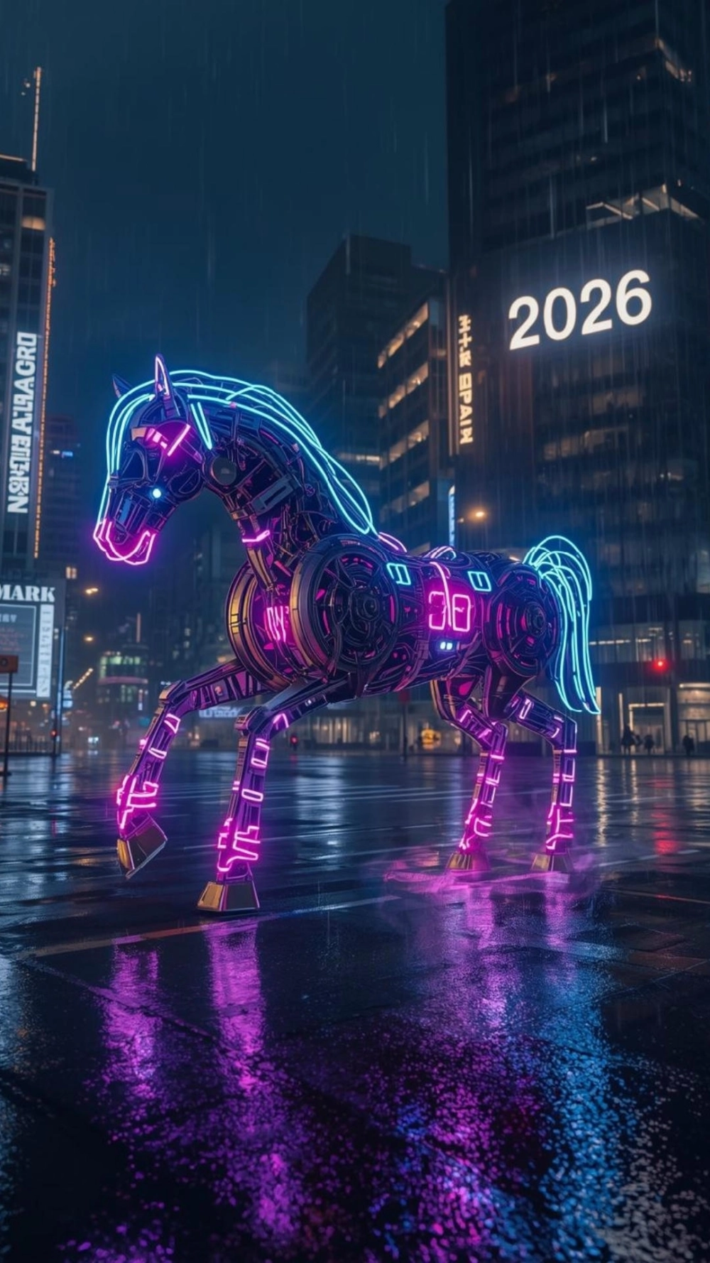 Ngựa bính ngọ cyberpunk với đường nét ánh sáng mạnh mẽ