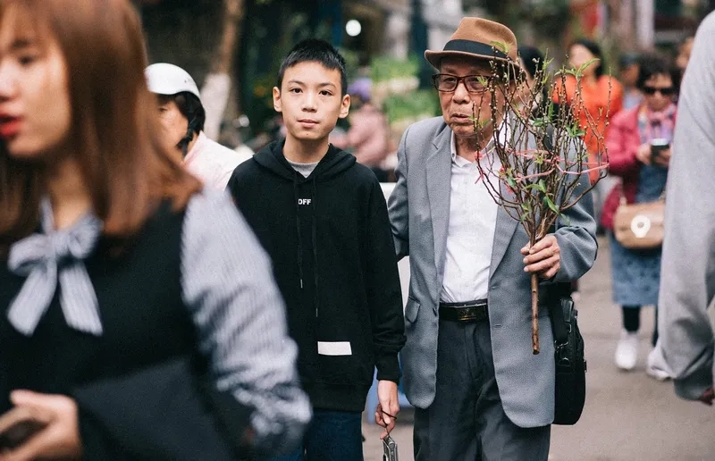 Tấm ảnh chợ đào tết rực rỡ sắc