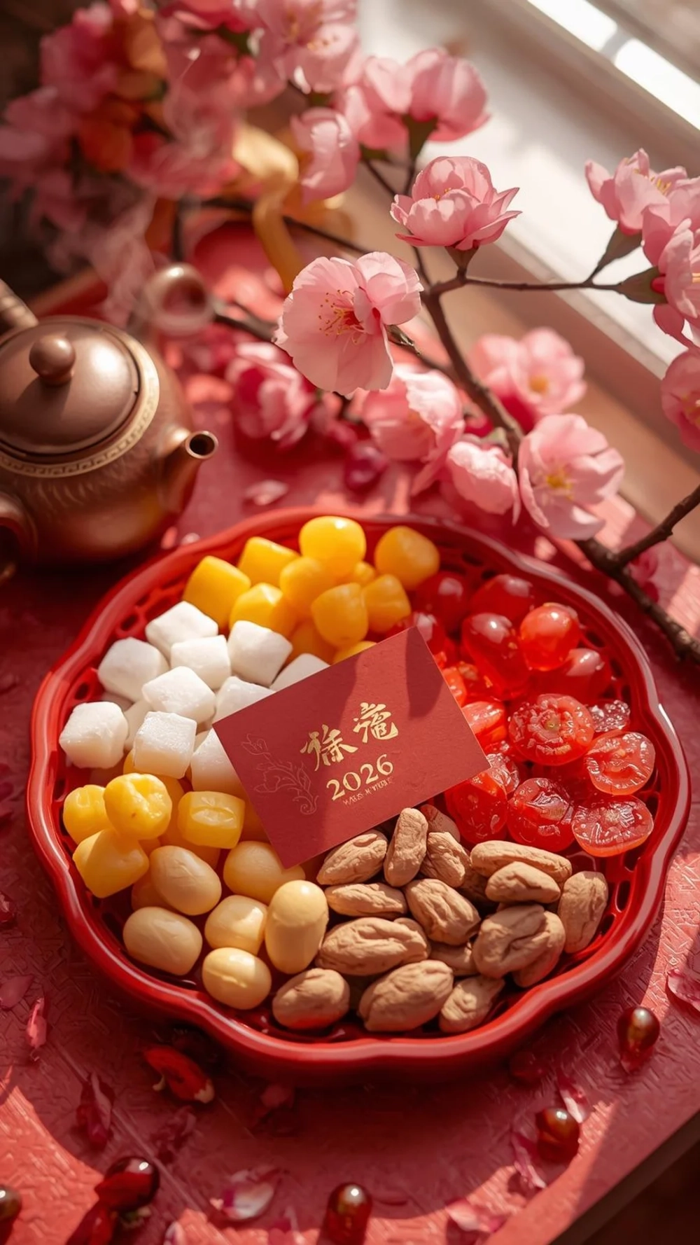 Gia đình sum vầy bên Hình nền khay mứt Tết gia đình