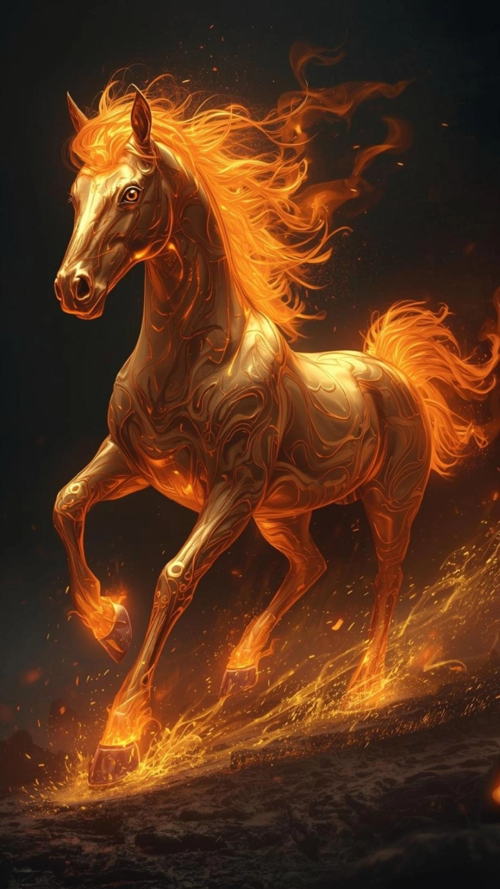 Ngựa dát vàng nền đen tạo chiều sâu ấn tượng