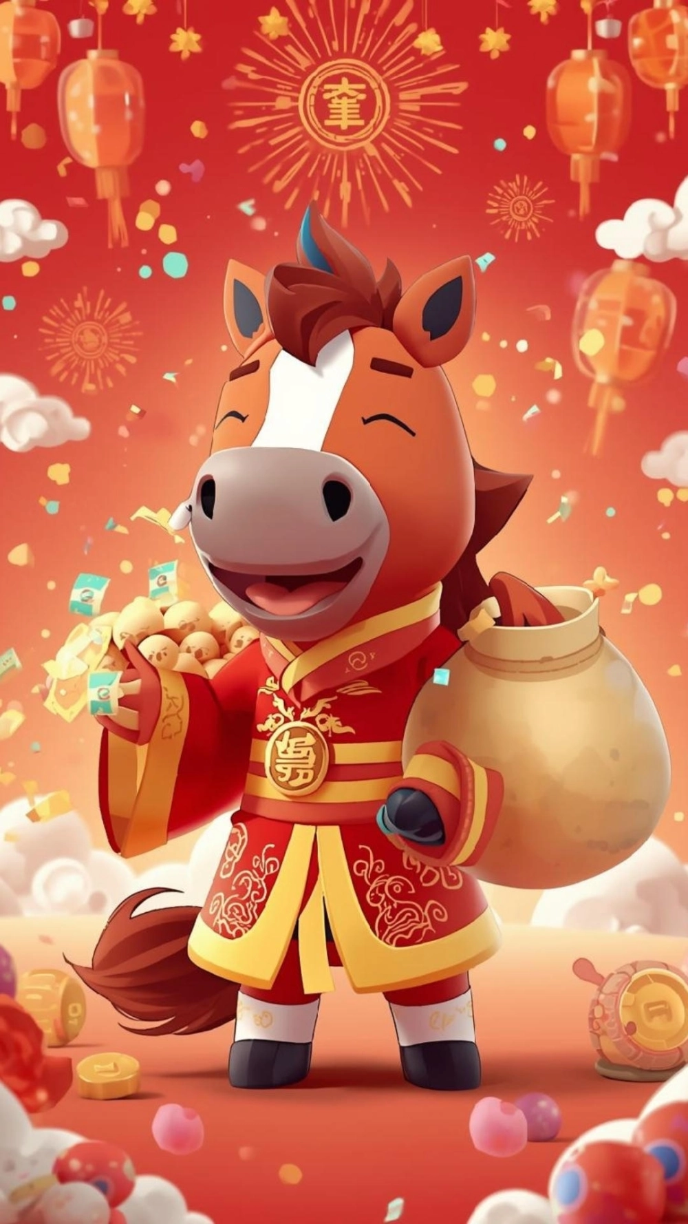 Hình nền thần tài gõ cửa 2026 với linh vật ngựa oai phong